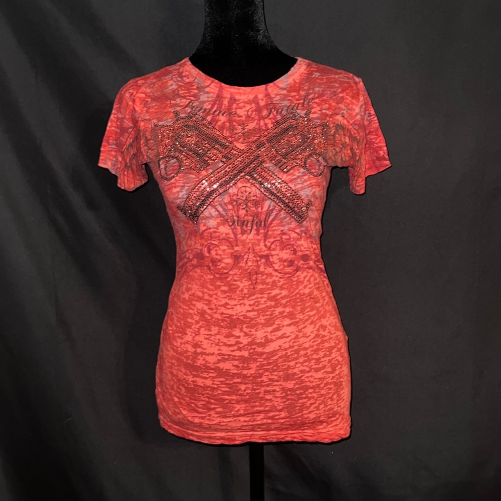 Sinful Femme Fatal Burnout Rhinestone Shirt- Medium